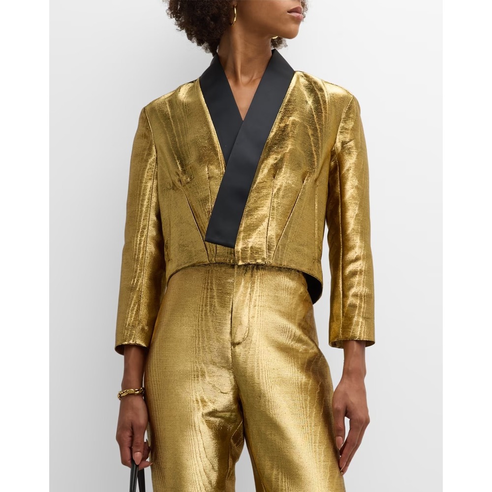Bach Mai Gold Moire Sculpted Back Bomber Jacket XL Metallic Black Shawl Collar